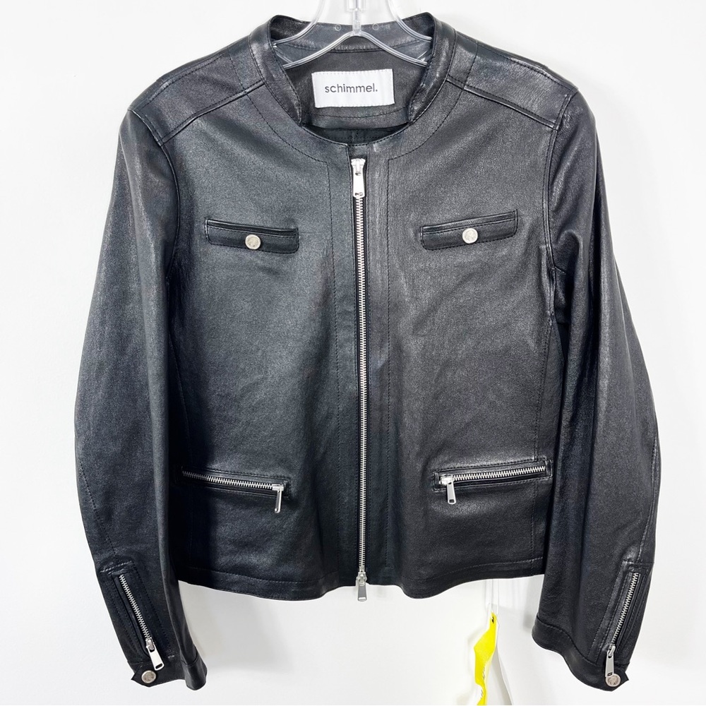 Sylvie Schimmel Lamb Leather Coin Engraved Button Zip Jacket 8 NWT Sleek Black